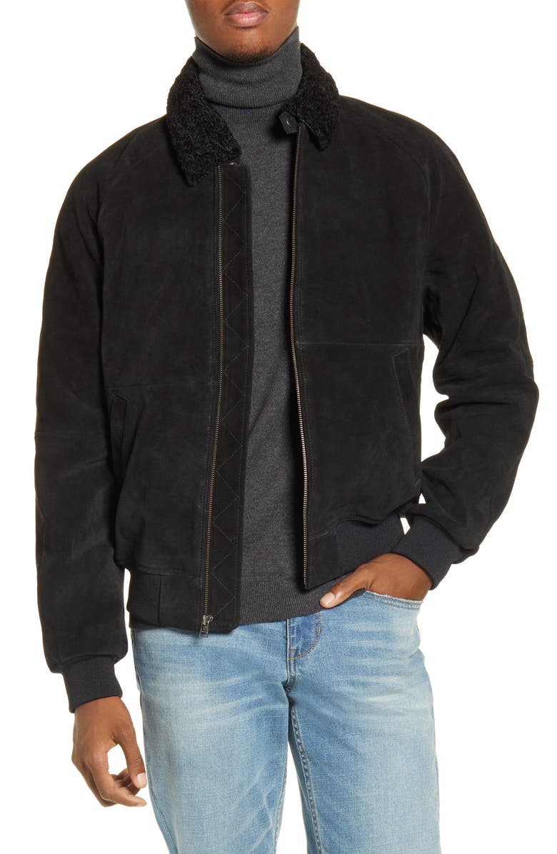 BP. x Alex Costa Fleece Collar Suede Bomber Jacket, Main, color, 