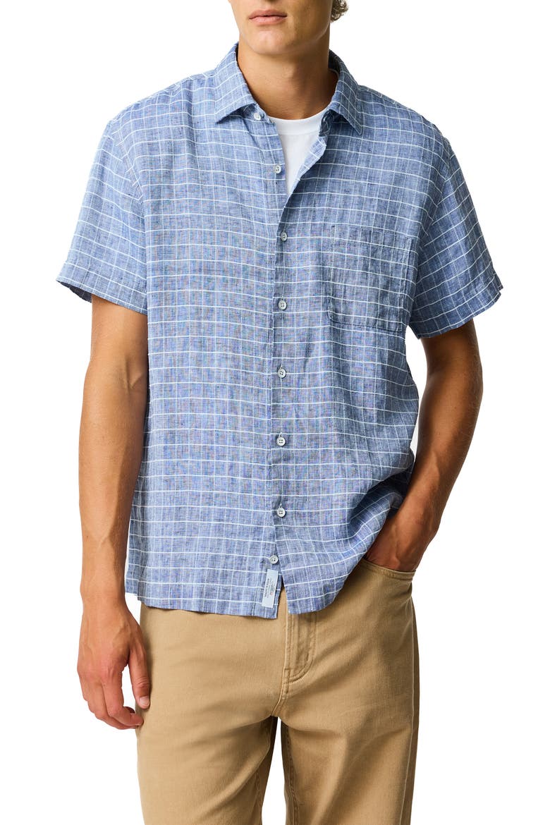 Croftview Check Short Sleeve Linen & Cotton Button-Up Shirt, Main, color, ECLIPSE