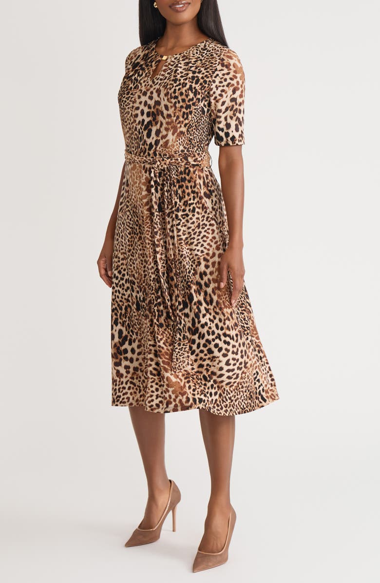 KASPER Mixed Leopard Print Midi Dress, Alternate, color, Rich Chocolate Multi