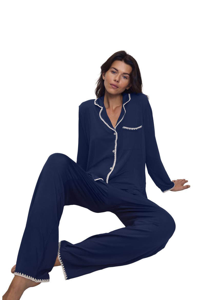 Frida Contrast Embroidery Knit Pajamas, Alternate, color, NAVY/ IVORY