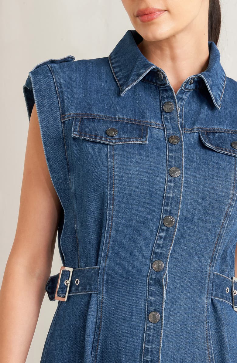 FREEMARKET Buckle Tab Denim Fit & Flare Midi Dress, Alternate, color, Denim