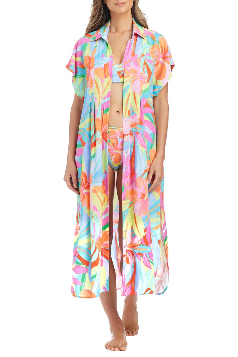 Pleated Dolman Sleeve Cover-Up Shirtdress, Alternate, color, PINK MULTI