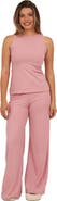 24seven Comfort Apparel Womens Basic Ribbed Knit Tank Top and Elastic Waist Wide Leg Pant Set