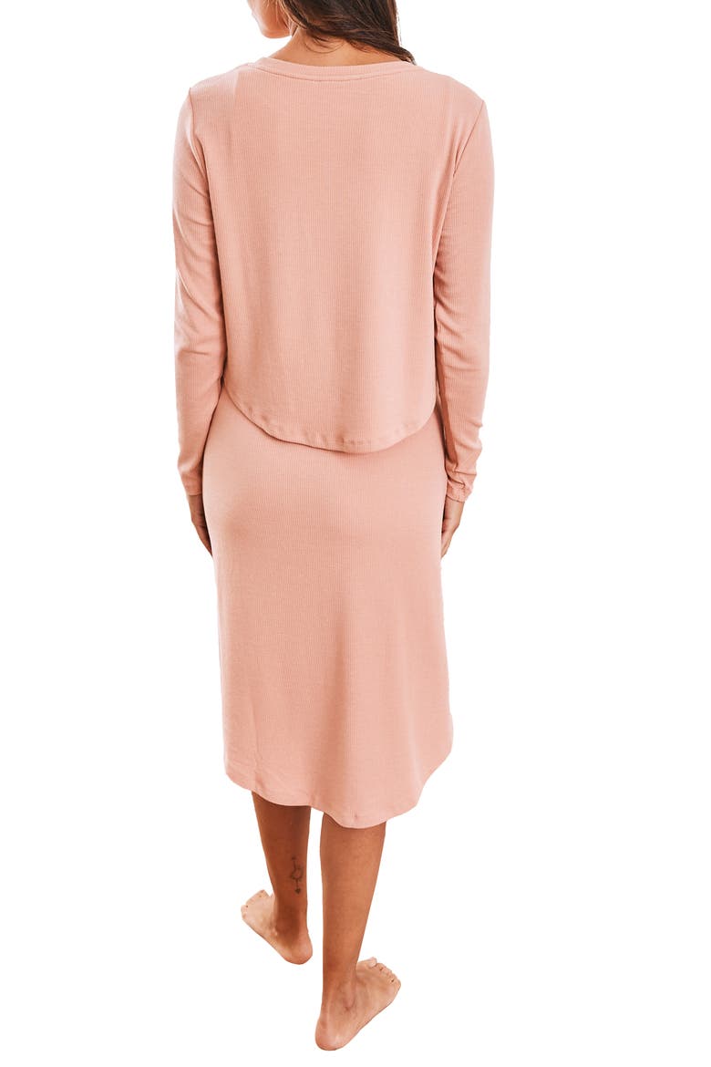 Leah Long Sleeve Ribbed Maternity/Nursing Dress & Knotted Baby Gown Set, Alternate, color, PINK