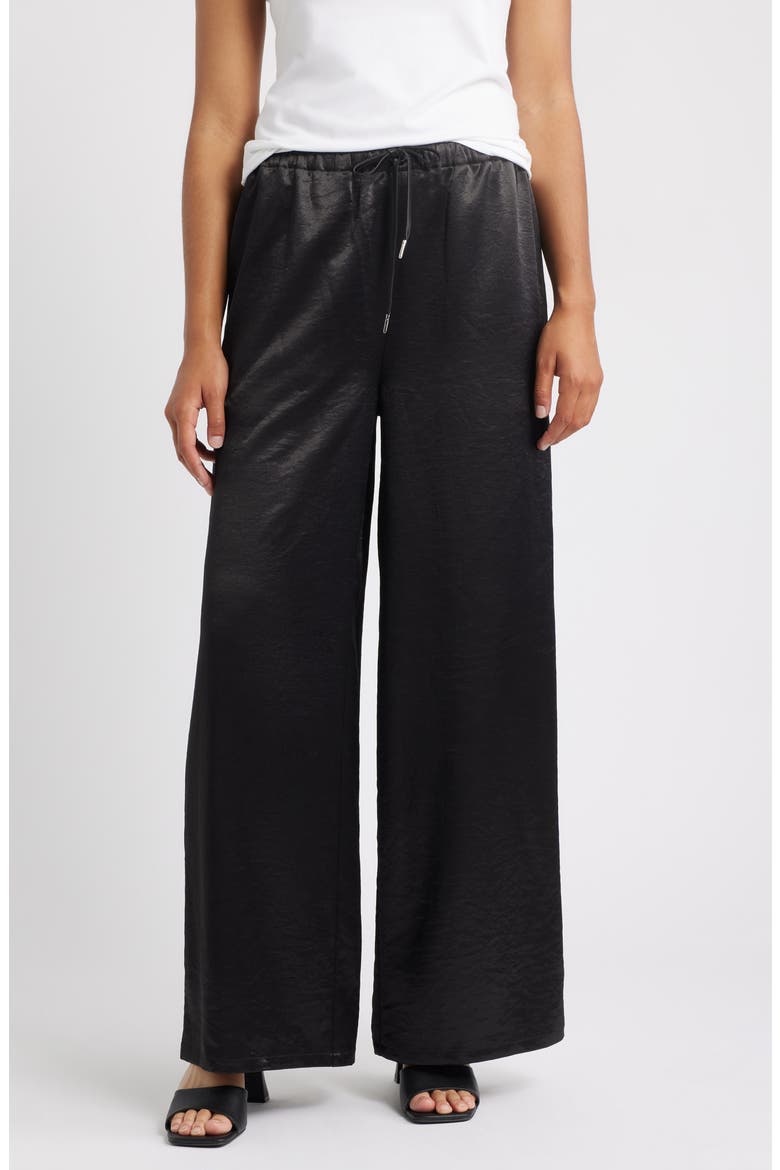 Village Satin Drawstring Wide Leg Pants, Main, color, BLACK
