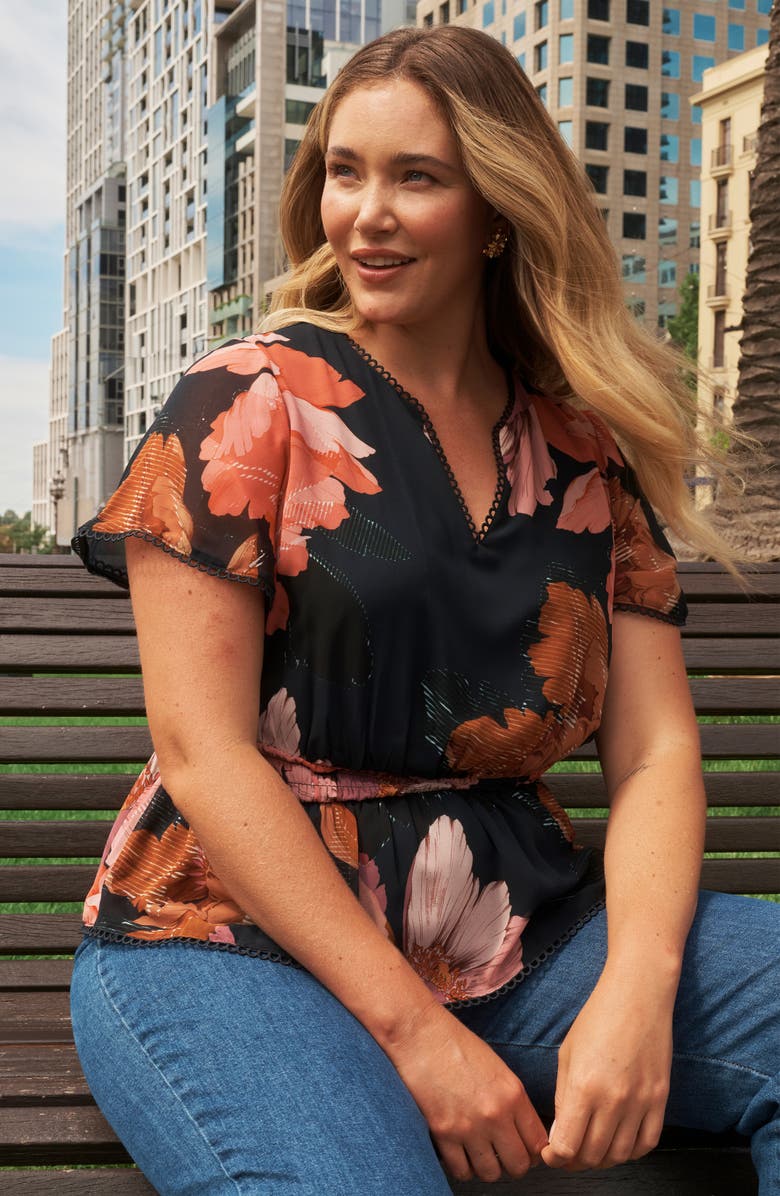 Estelle Elena Floral Picot Trim Flutter Sleeve Top, Alternate, color, Navy/ Peony