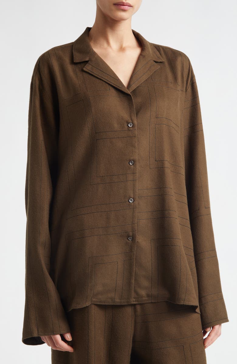 TOTEME Monogram Embroidered Flannel Button-Up Shirt, Alternate, color, Dark Brown