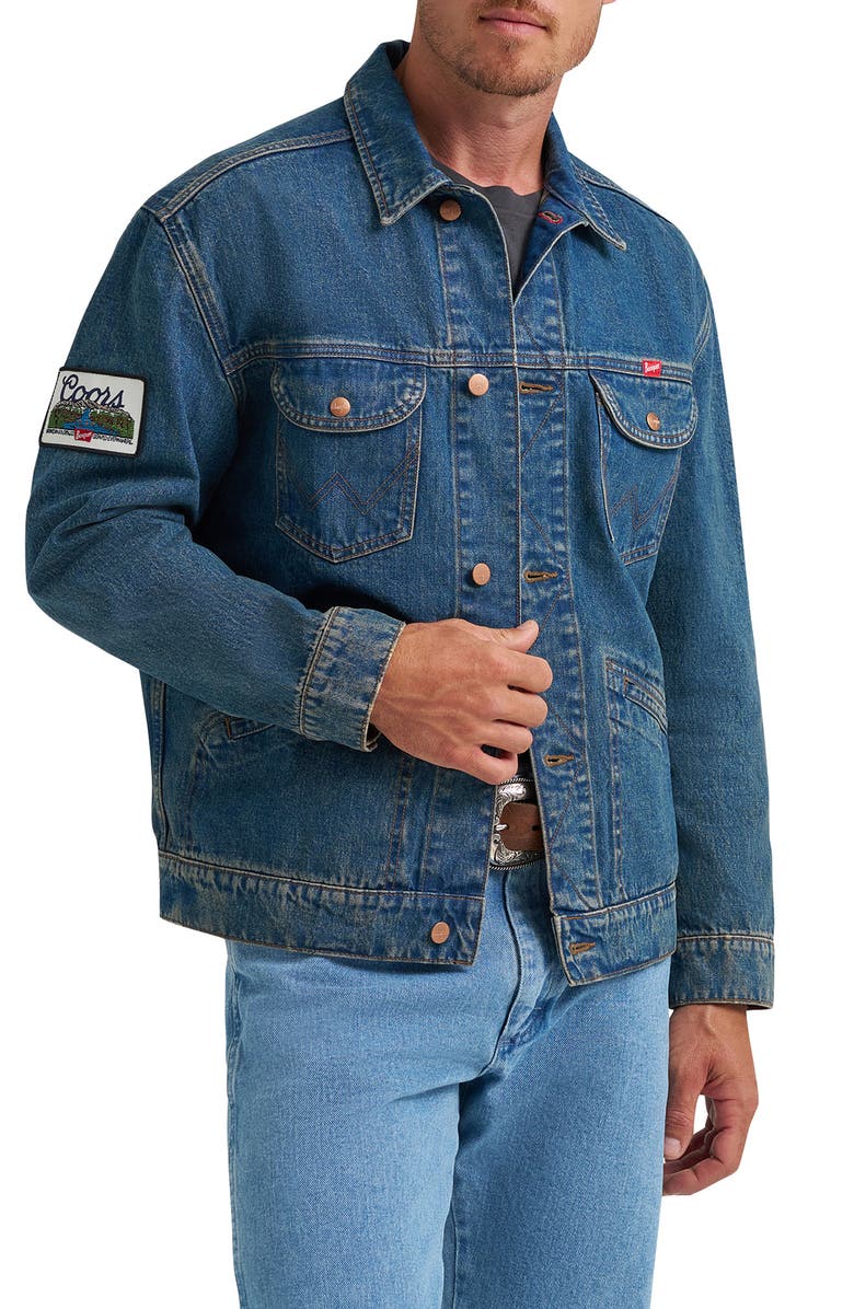 Wrangler Logo Patch Denim Trucker Jacket, Main, color, Indigo Buff