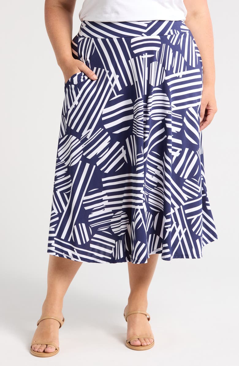 24seven Comfort Apparel Geometric Print Midi Skirt, Main, color, Navy Multi