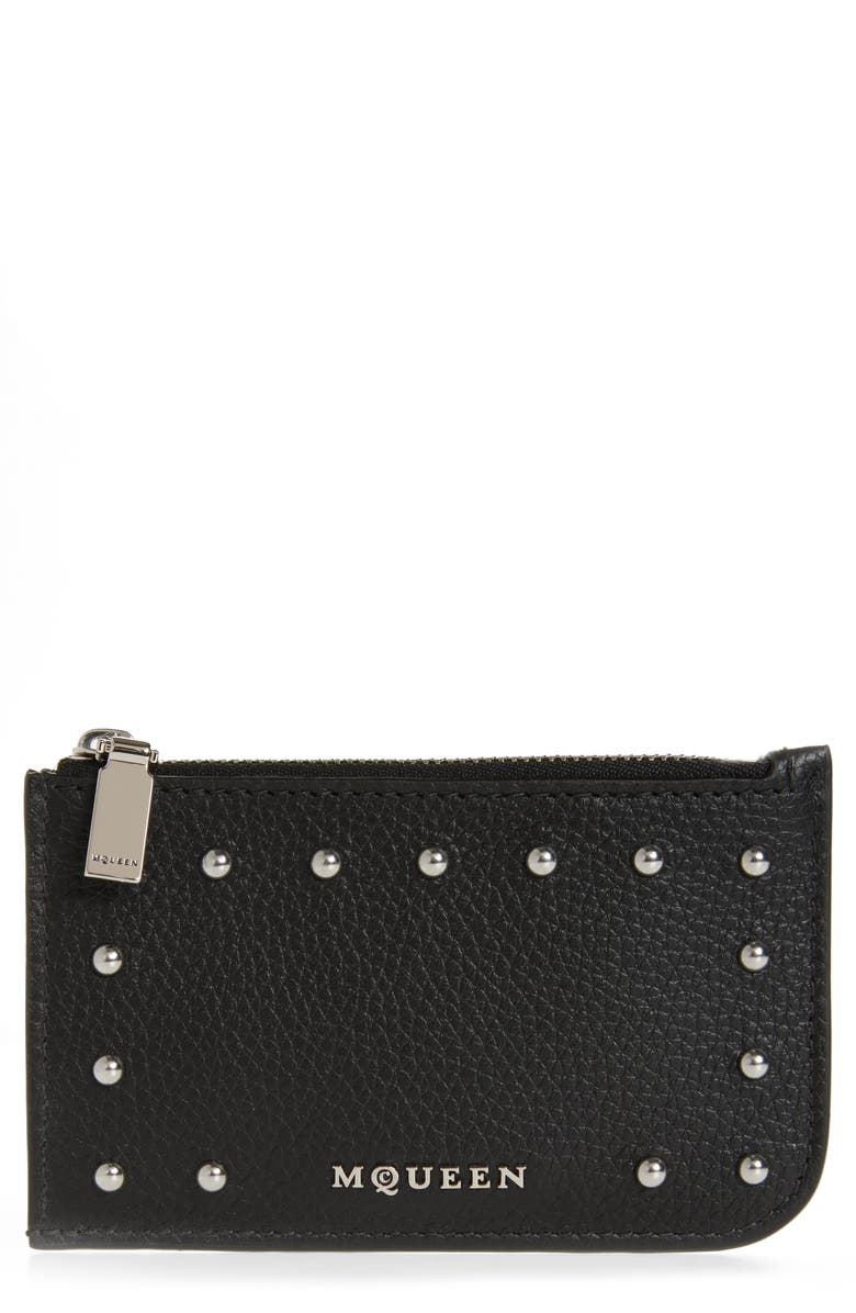 McQueen Sling Stud Leather Zip Card Case, Main, color,