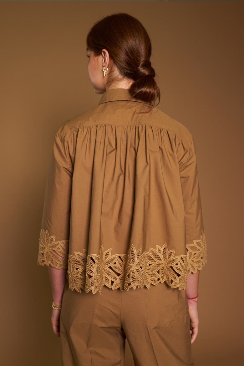 Embroidered Cotton Blouse With Patch Pockets, Alternate, color, Tobacco
