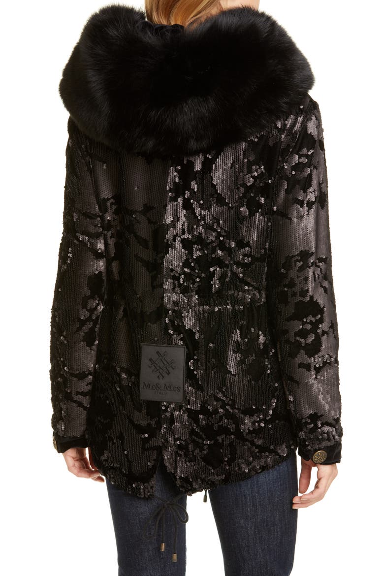 Sequin Embellished Velvet Coat with Removable Genuine Fox Fur Trim, Alternate, color, BLACK