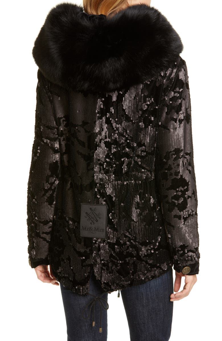 Mr & Mrs Italy Sequin Embellished Velvet Coat with Removable Genuine Fox Fur Trim, Alternate, color, Black