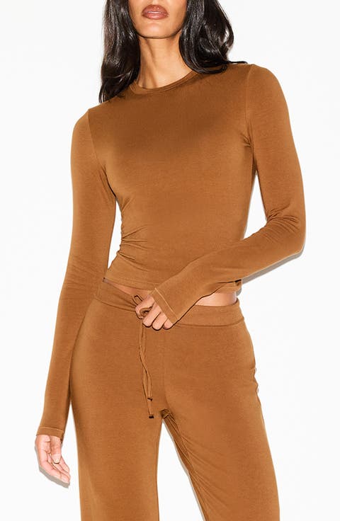 Stretch Cotton Jersey Long Sleeve T-Shirt (Regular & Plus)