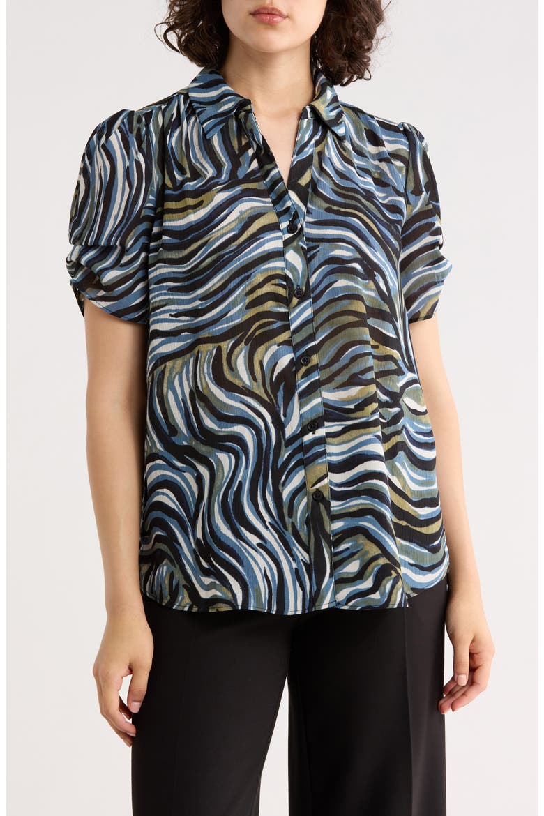 Patterned Pinch Sleeve Button-Up Shirt, Main, color, BLUE WAVY SQUIGGLE
