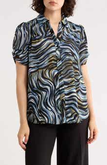 Patterned Pinch Sleeve Button-Up Shirt