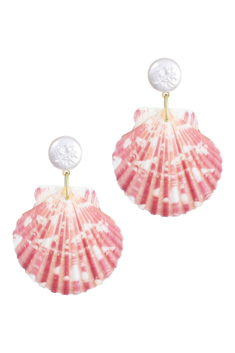 Faux Pearl Shell Drop Earrings, Main, color, PINK