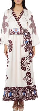 CIEBON Willow Print Long Sleeve Satin Maxi Dress