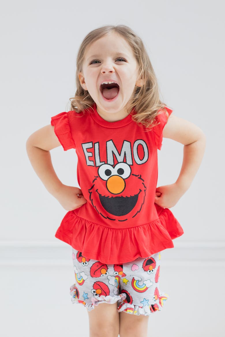 2-Piece T-Shirt and French Terry Shorts Set, Alternate, color, Elmo Red Heather Grey