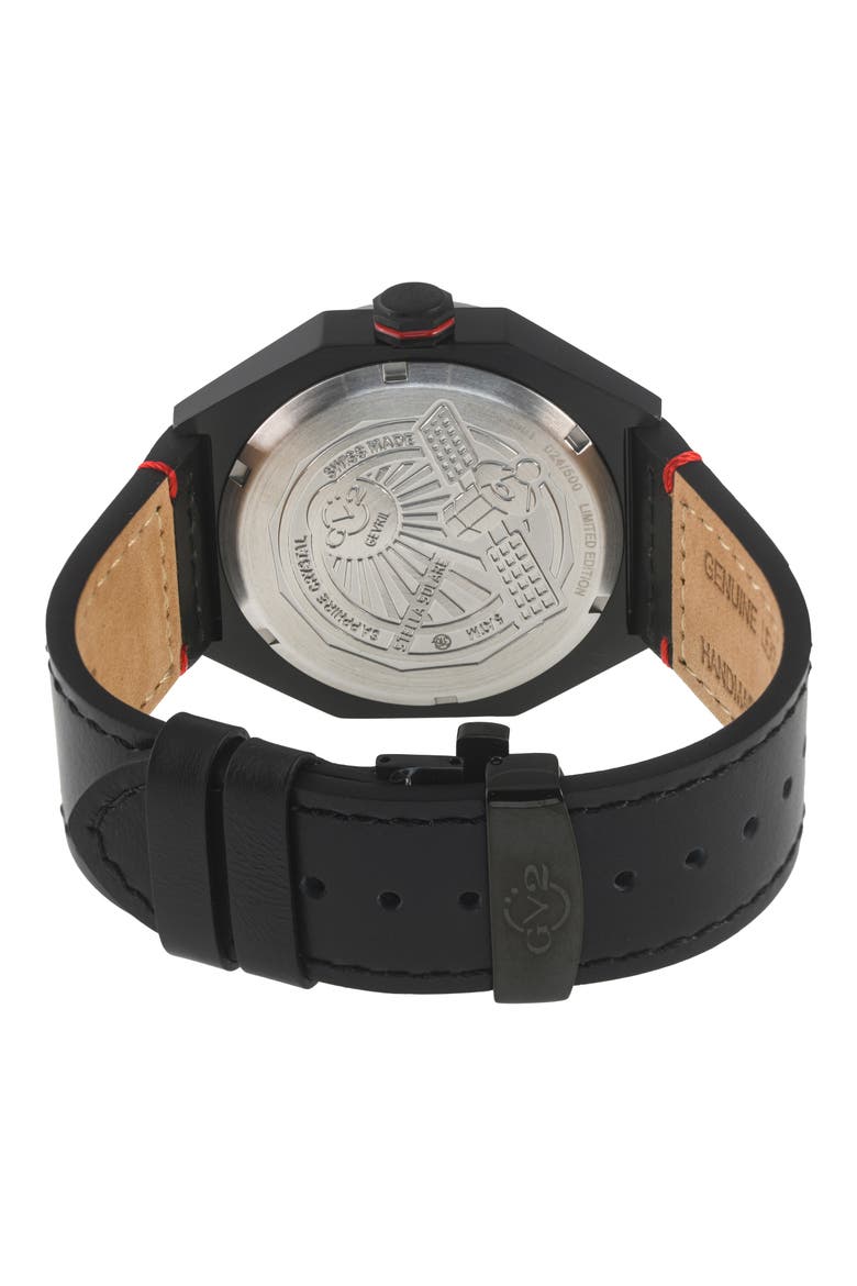 Stella Solare Power Leather Strap Watch, 44mm, Alternate, color, BLACK/RED