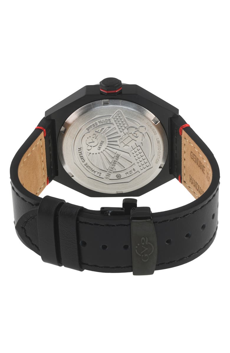 GV2 Stella Solare Power Leather Strap Watch, 44mm, Alternate, color, Black/Red