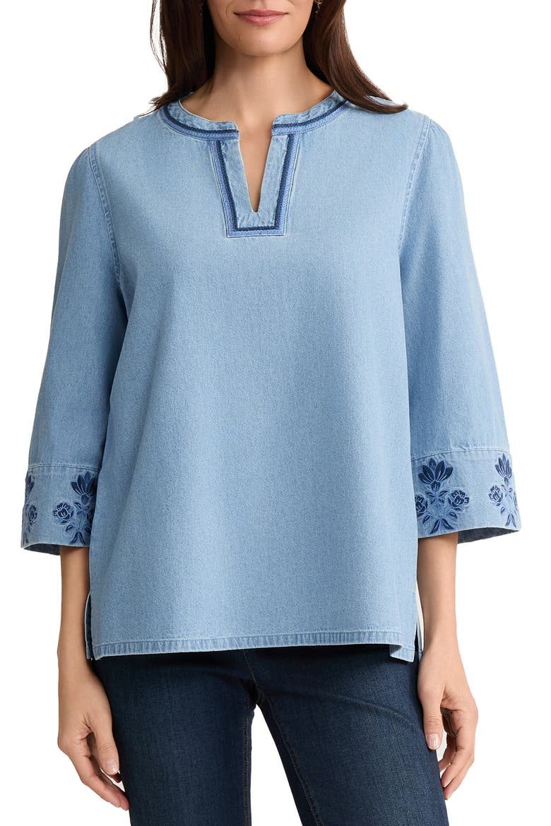 Embroidered Cotton Chambray Top, Main, color, PISCES WASH