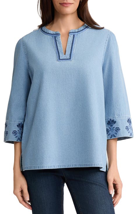 Embroidered Cotton Chambray Top (Regular & Petite)