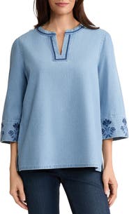 Jones New York Embroidered Cotton Chambray Top