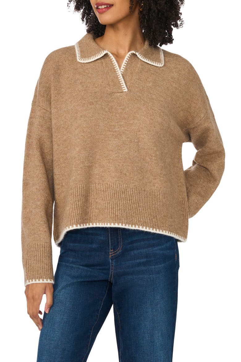 Stitch Trim Johnny Collar Sweater, Main, color, TAUPE