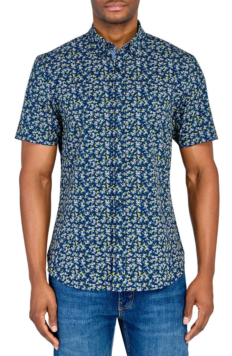 CONSTRUCT Slim Fit Mini Floral Recycled 4-Way Stretch Performance Short Sleeve Shirt, Main, color, Navy