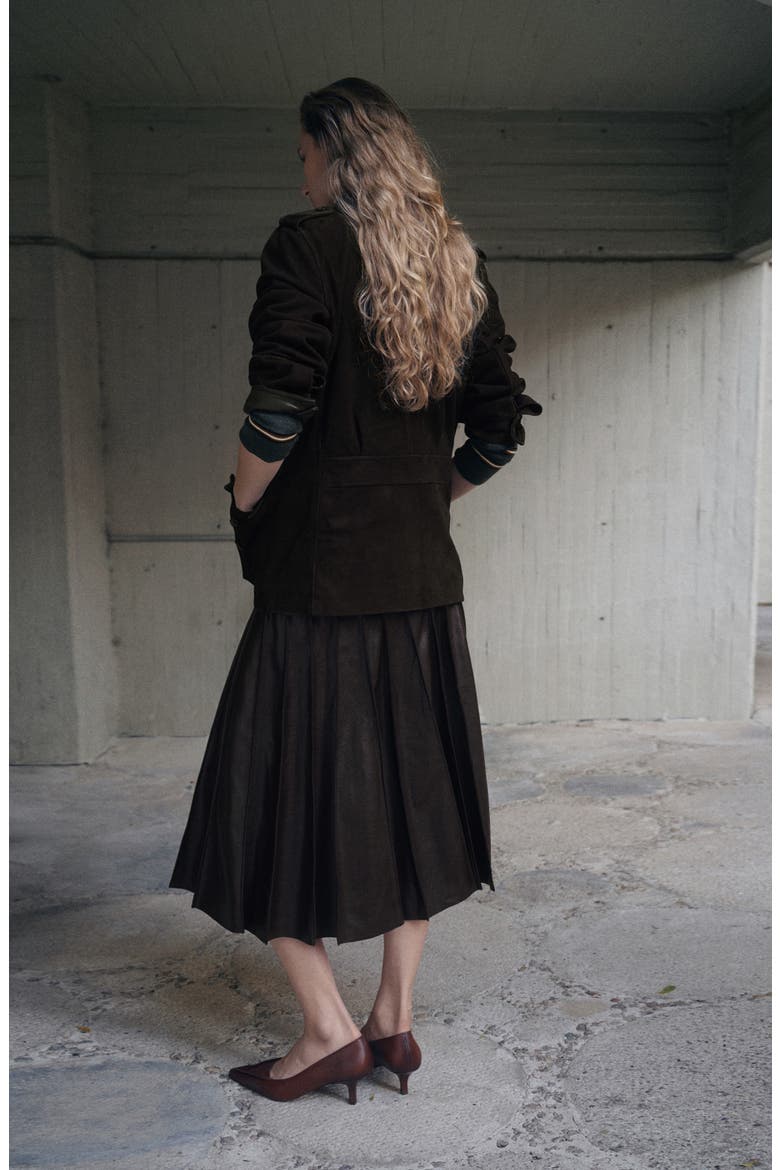 Dalia Pleated Faux Leather Midi Skirt, Alternate, color, BROWN