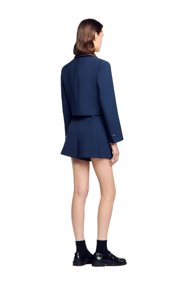 SANDRO Cropped jacket with leather collar, Alternate, color, Navy Blue