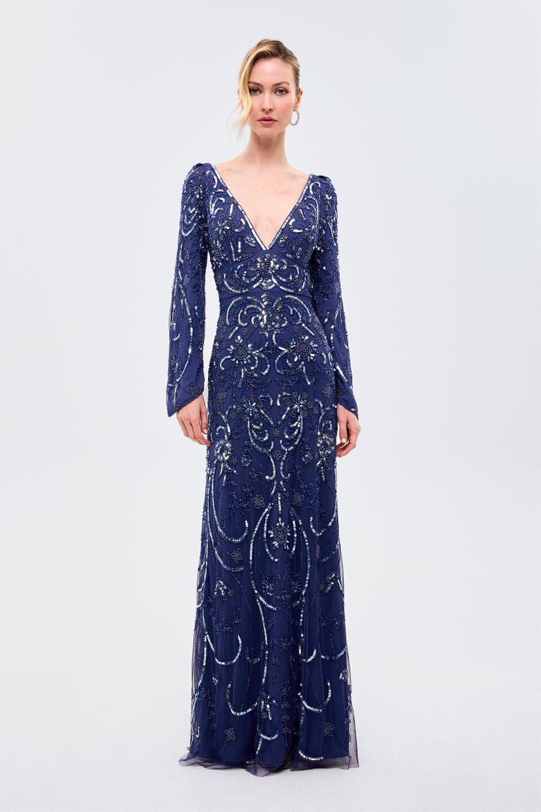Deep Neck Embellished Sequins Maxi Dress, Main, color, BLUE