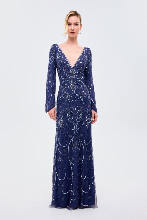 Deep Neck Embellished Sequins Maxi Dress