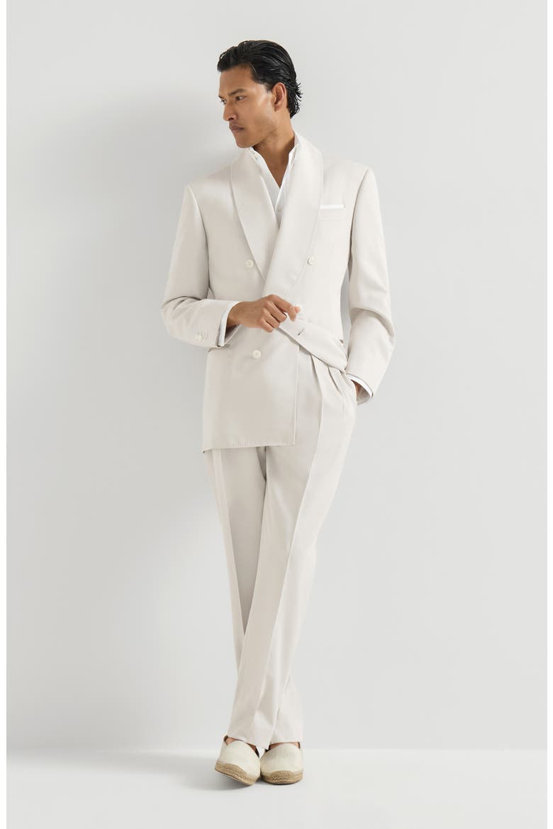 Délavé silk twill tuxedo with one-and-a-half breasted blazer with shawl lapel and trousers with double pleats, Alternate, color, Panama