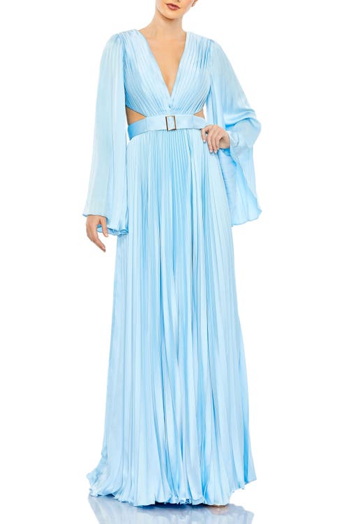 Mac Duggal Long Sleeve Lace-up Back Charmeuse Gown In Blue