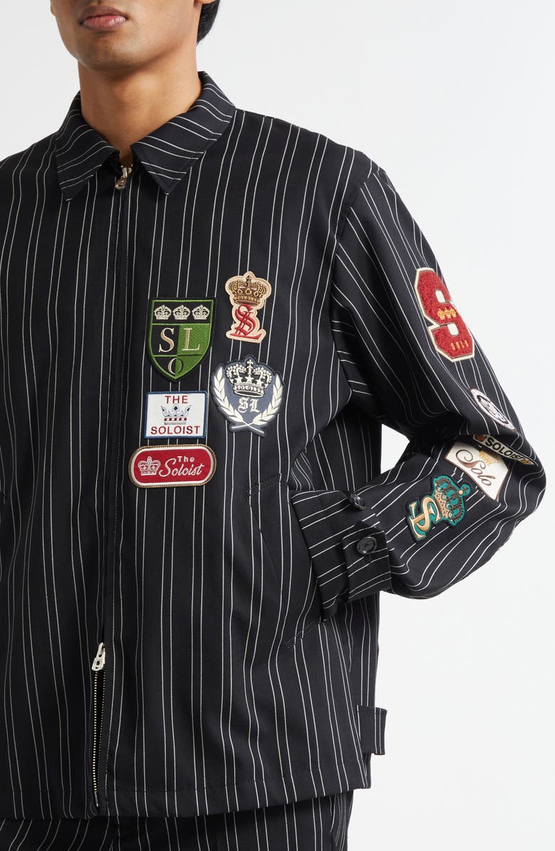 TAKAHIROMIYASHITA TheSoloist. Brit Crown Emblems Patch Embroidered Zip Jacket, Alternate, color, Black X White Blazer Stripe
