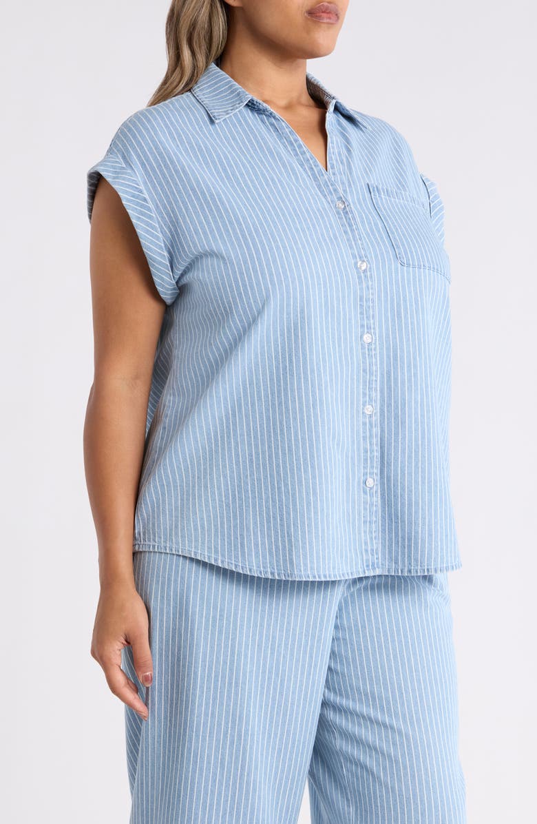 Jones New York Stripe Cotton Button-Up Shirt, Alternate, color, Medium Wash / White