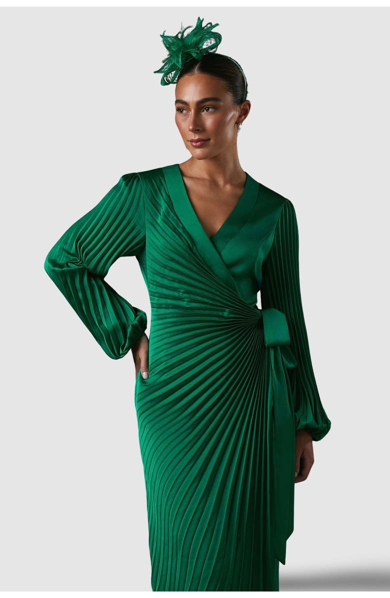 Coast Satin Pleated Wrap Dress, Alternate, color, Green