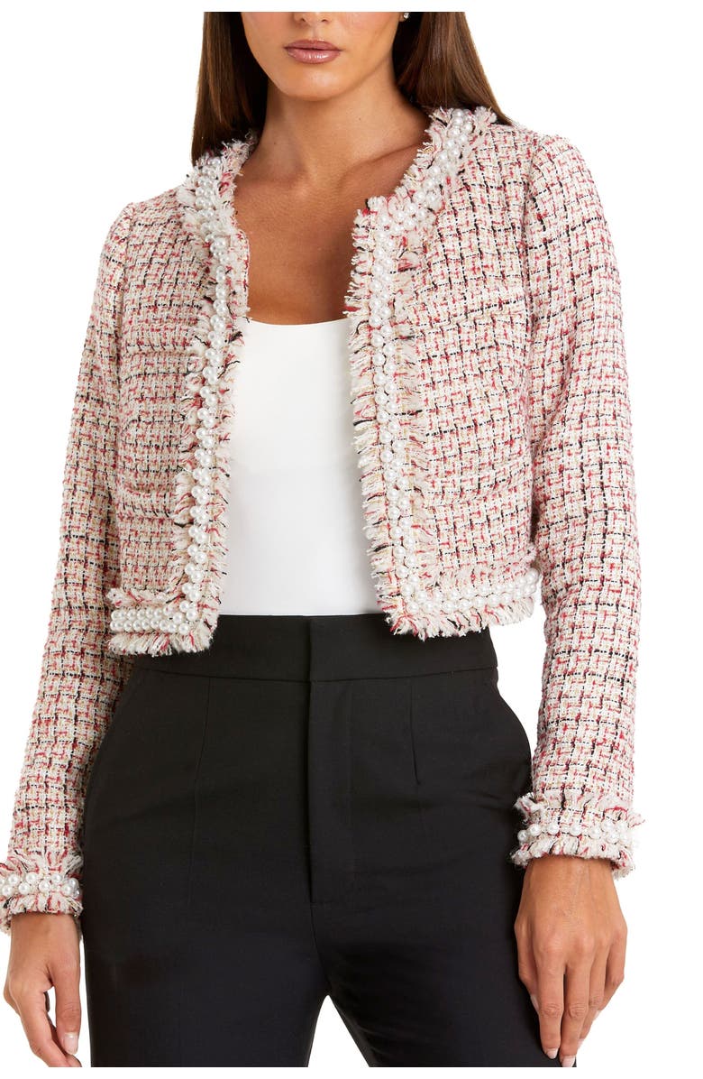 Mac Duggal Pearl Trim Long Sleeve Cropped Jacket, Main, color, Cherry