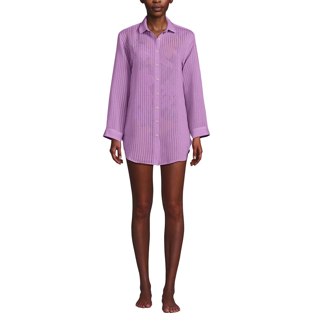 Shop Lands' End Cotton Gauze Button Down Swim Cover-up Shirt Dress In Wild Lilac