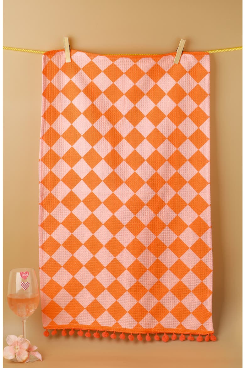 Bright Geometric Pompom Set of 3 Cotton Kitchen Towels, Alternate, color, HOT PINK/ ORANGE/ CO
