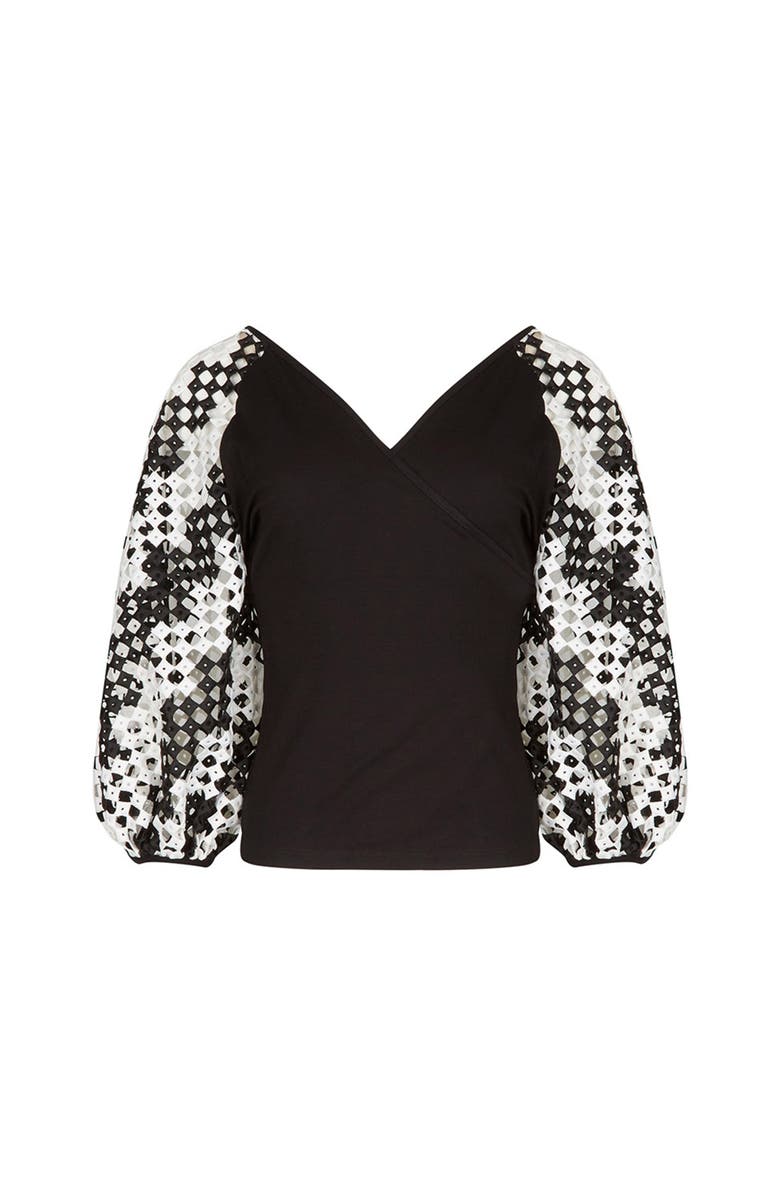 Anne Fontaine Women's  Mirella Black V-Neck Top With Sheer Mesh Sleeves, Alternate, color, Black