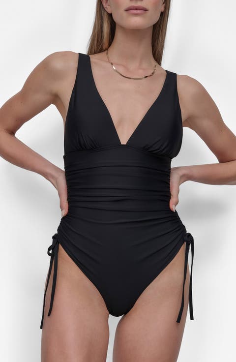 Plunge Neck Side Ruched One-Piece Swimsuit