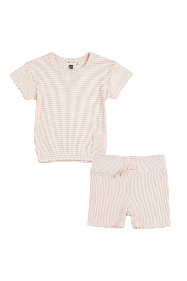 Girl Stripe Rib Short Sleeve Top and Knot Shorts Set, Alternate, color, Light Blush