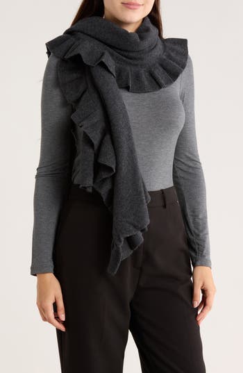 Portolano Ruffle Trim Cashmere Wrap Scarf In Black