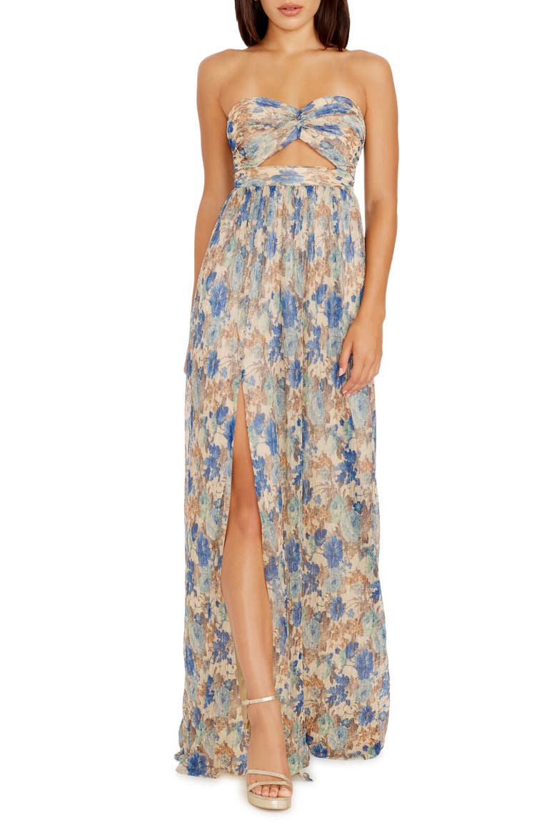 Angelique Floral Cutout Metallic Strapless Maxi Dress, Main, color, COBALT MULTI