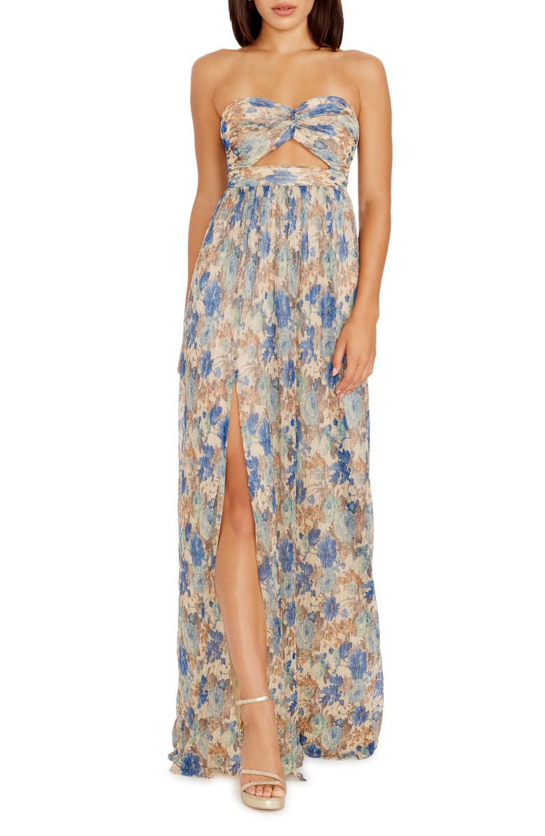 Dress the Population Angelique Floral Cutout Metallic Strapless Maxi Dress, Main, color, Cobalt Multi