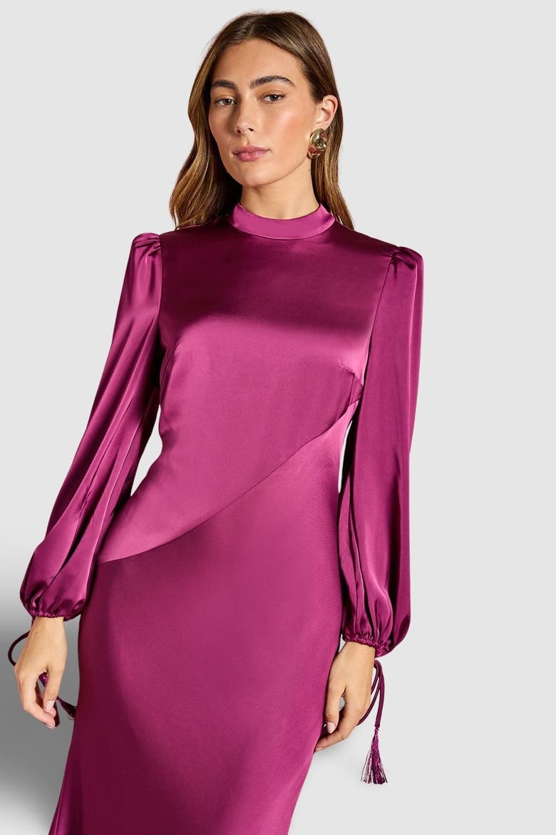 Blouson Sleeve Satin Midi Dress, Alternate, color, Berry