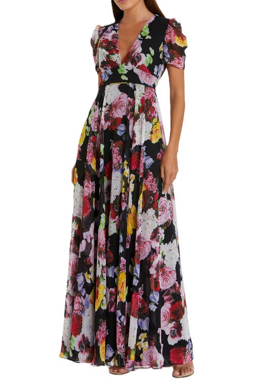 Mac Duggal Floral Print Mesh Cap Sleeve Gown In Black Multi